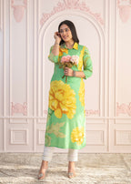 Juniper Green & Yellow Printed Viscose Kurta with Button Details