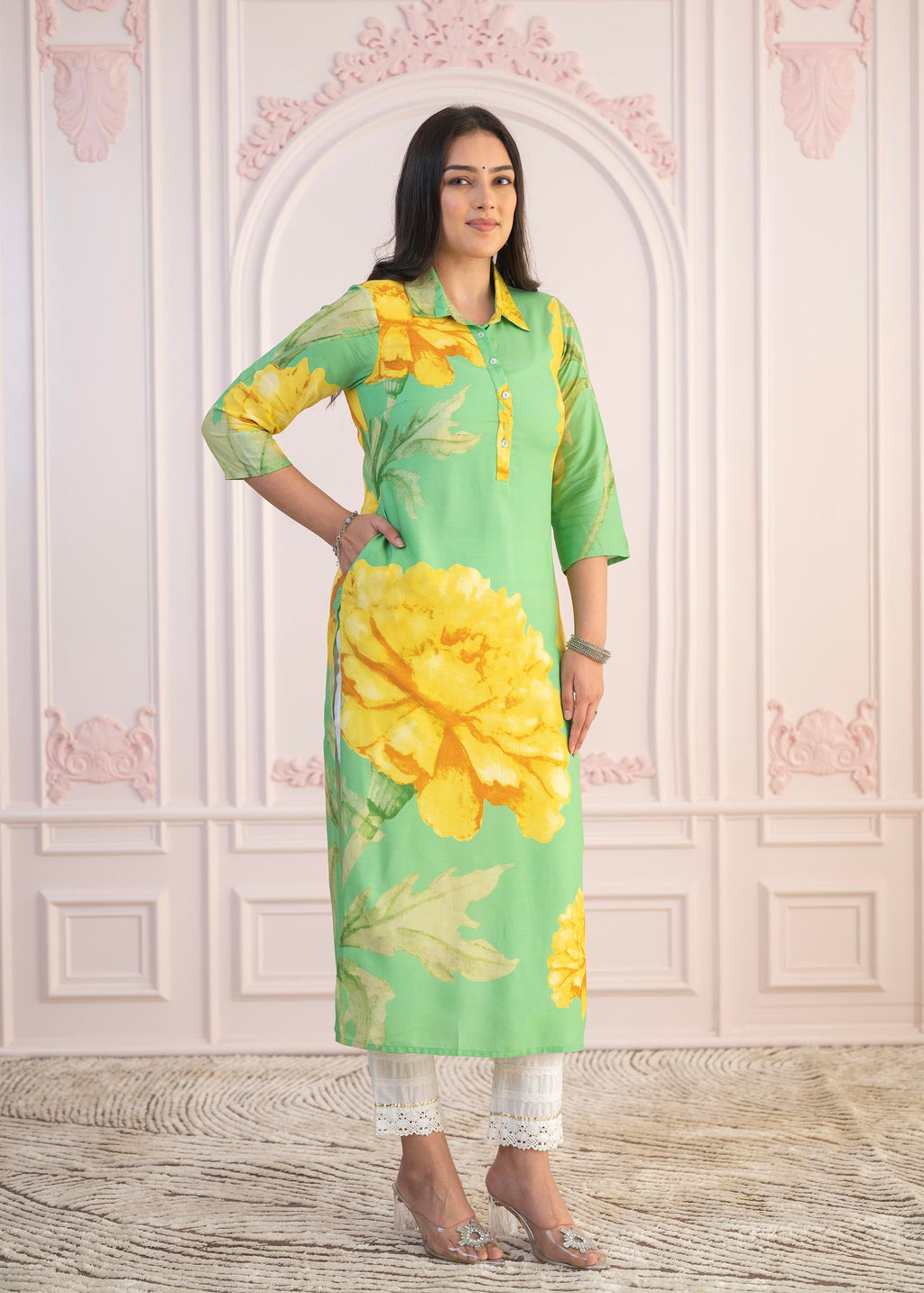 Juniper Green & Yellow Printed Viscose Kurta with Button Details