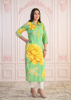 Juniper Green & Yellow Printed Viscose Kurta with Button Details