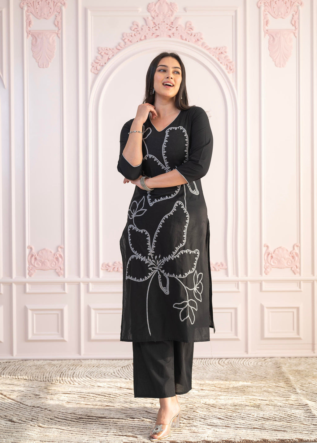 Juniper Black Floral Embroidered Cotton Slub Kurta With Palazzo - Distacart