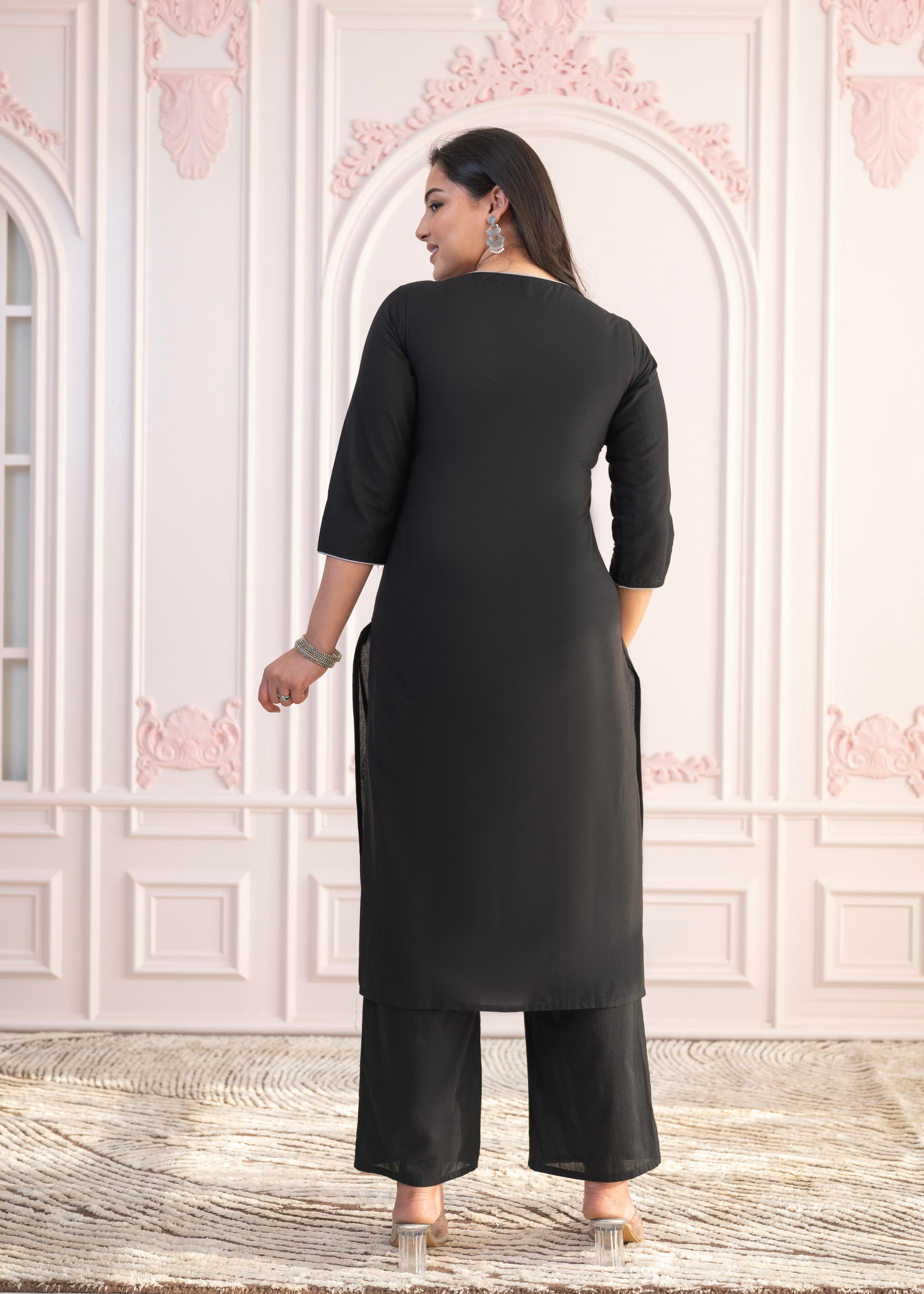 Juniper Black Floral Embroidered Cotton Slub Kurta With Palazzo - Distacart