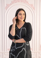 Juniper Black Floral Embroidered Cotton Slub Kurta with Palazzo