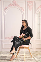 Juniper Black Floral Embroidered Cotton Slub Kurta With Palazzo - Distacart