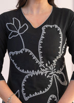 Juniper Black Floral Embroidered Cotton Slub Kurta with Palazzo