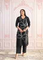 Juniper Black Floral Embroidered Cotton Slub Kurta with Palazzo