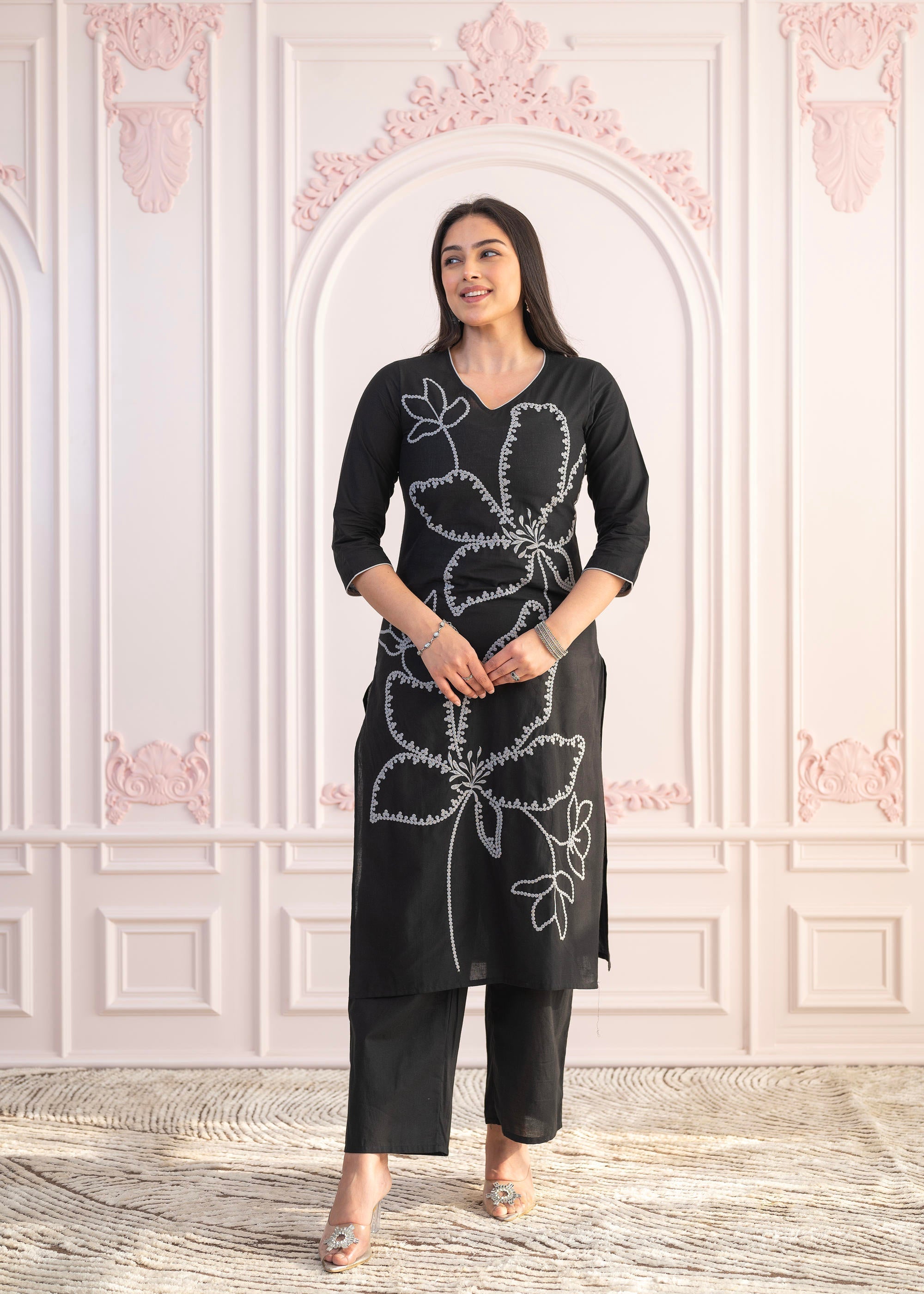 Juniper Black Floral Embroidered Cotton Slub Kurta with Palazzo