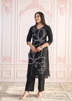 Juniper Black Floral Embroidered Cotton Slub Kurta with Palazzo