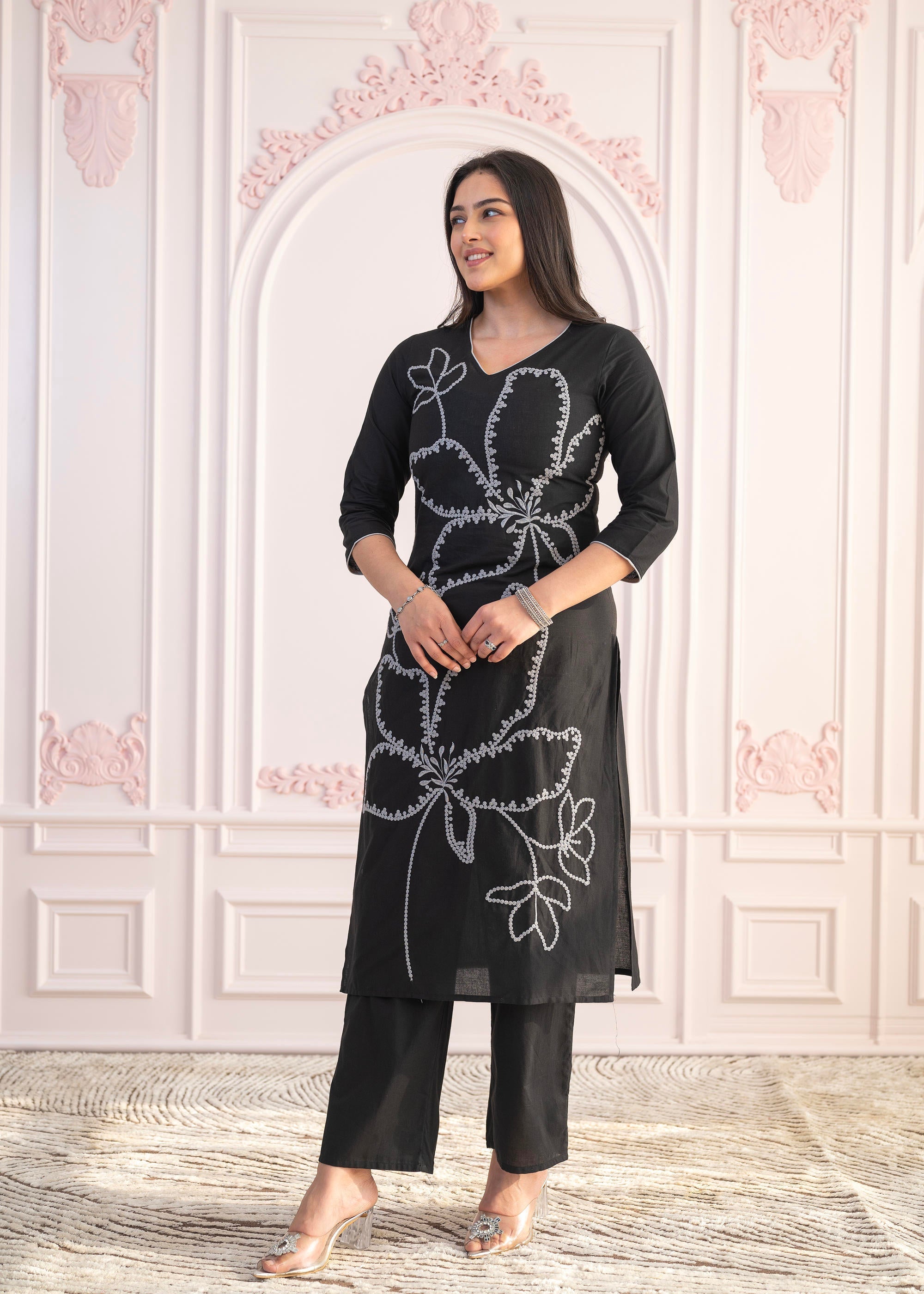 Juniper Black Floral Embroidered Cotton Slub Kurta with Palazzo