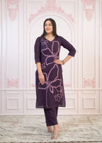 Juniper Purple Floral Embroidered Cotton Kurta with Palazzo