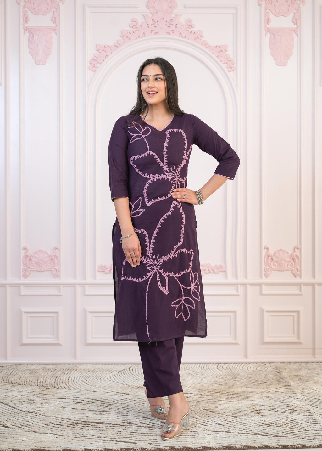 Juniper Purple Floral Embroidered Cotton Kurta With Palazzo - Distacart