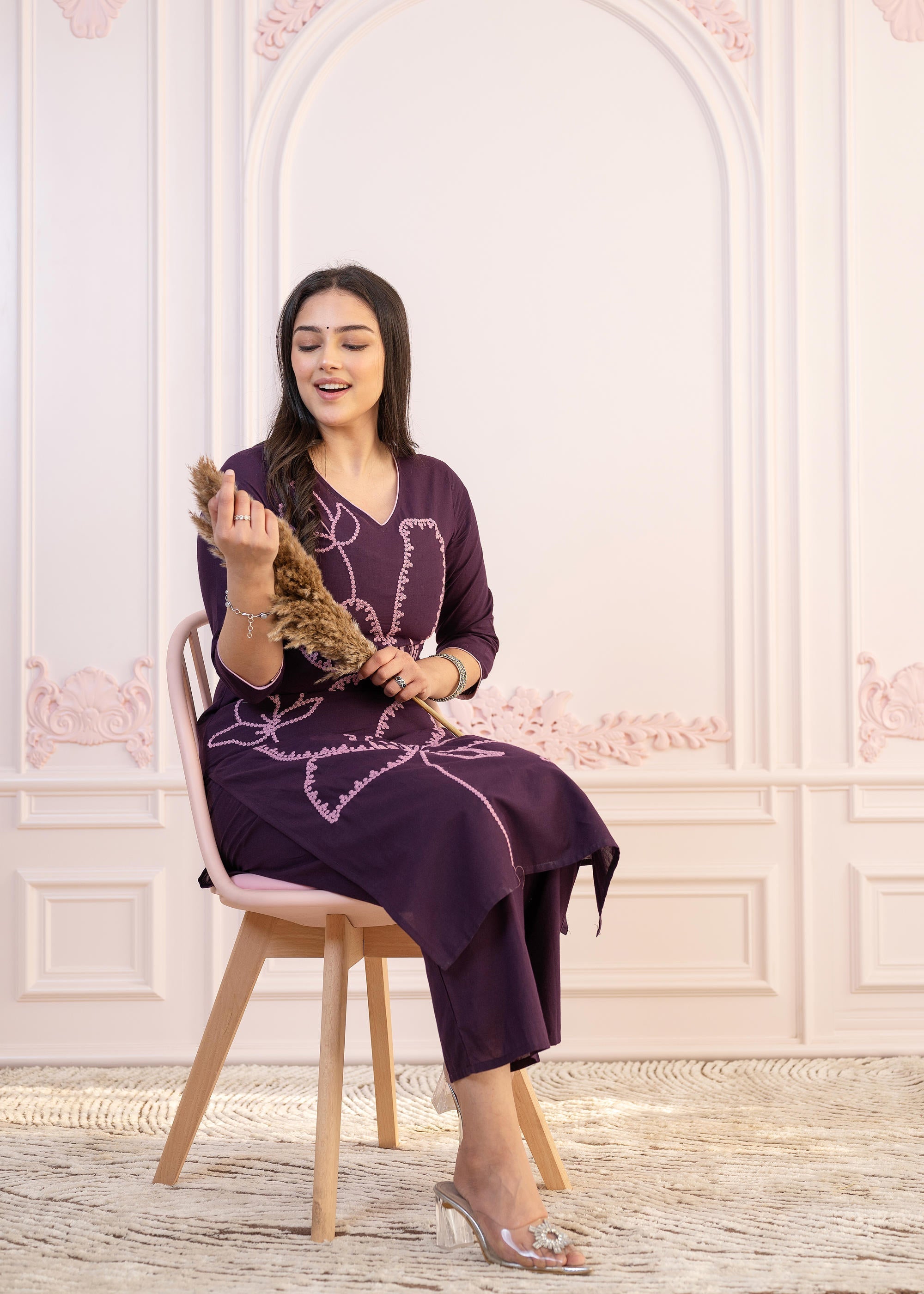 Juniper Purple Floral Embroidered Cotton Kurta with Palazzo