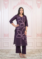 Juniper Purple Floral Embroidered Cotton Kurta with Palazzo