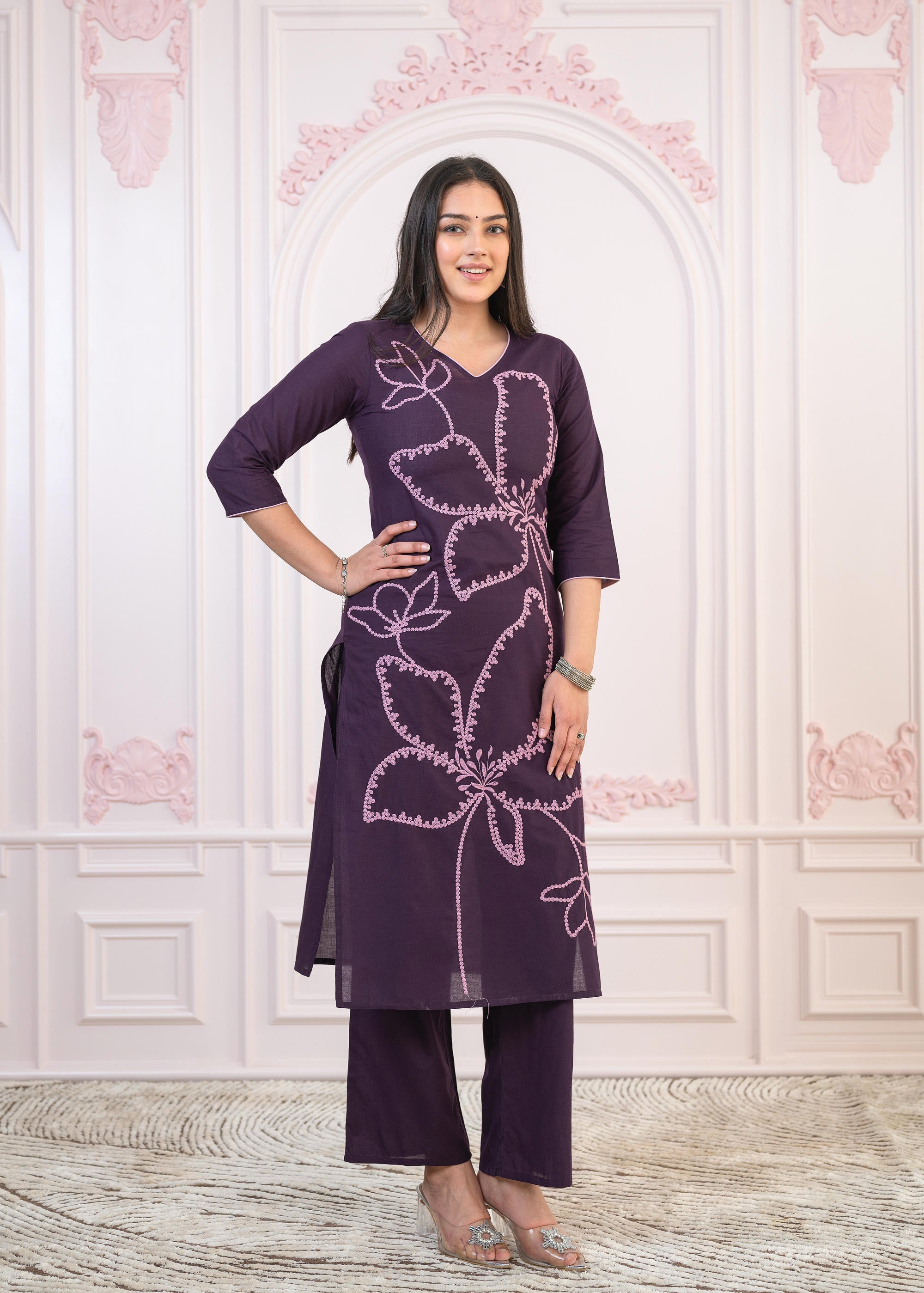 Juniper Purple Floral Embroidered Cotton Kurta with Palazzo