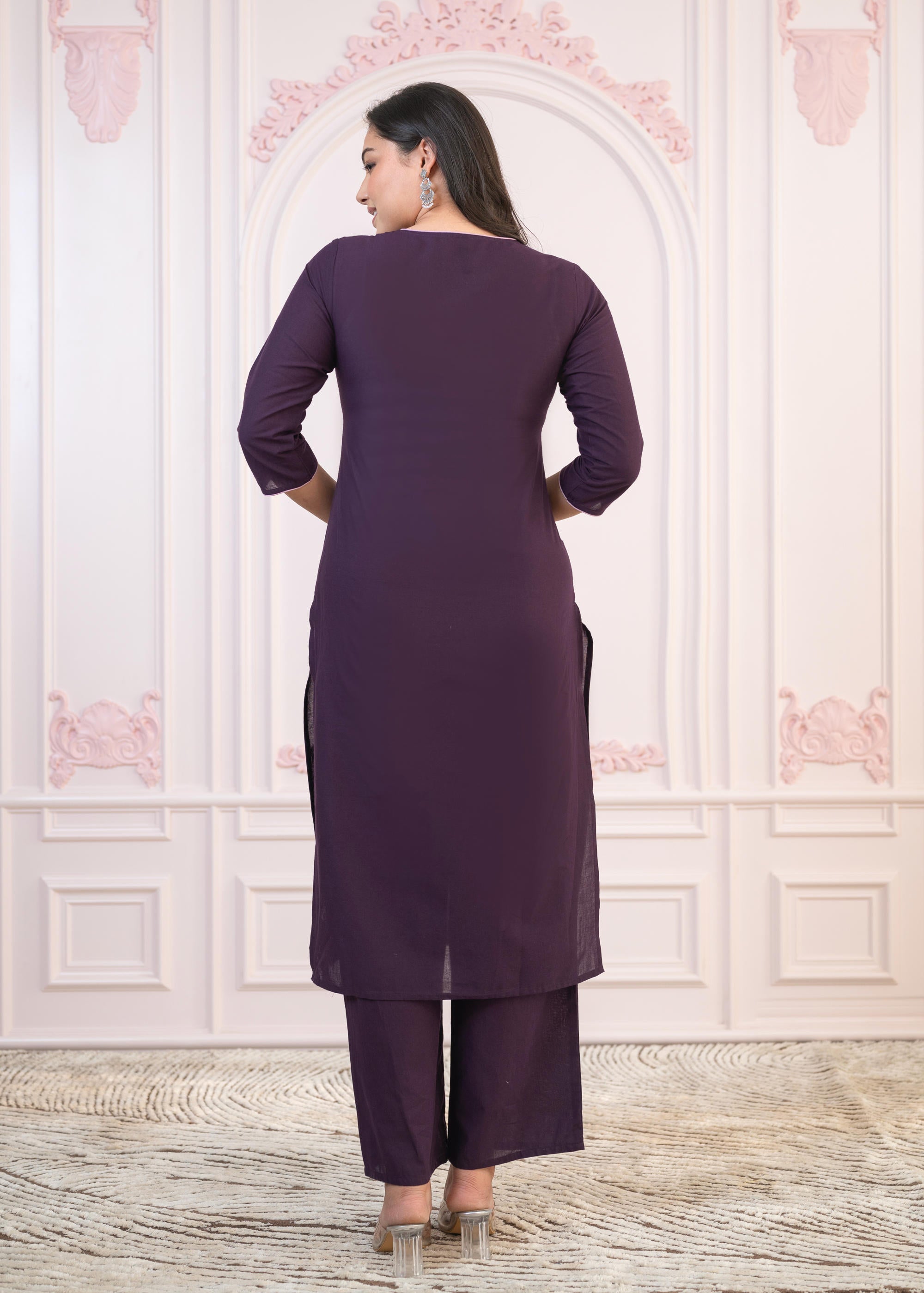 Juniper Purple Floral Embroidered Cotton Kurta with Palazzo