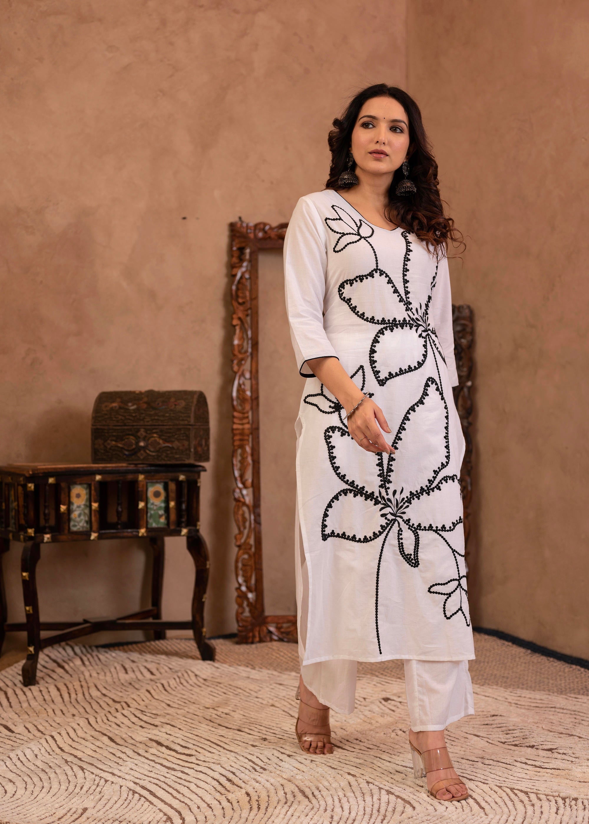 Juniper White Floral Embroidered Cotton Kurta With Palazzo - Distacart