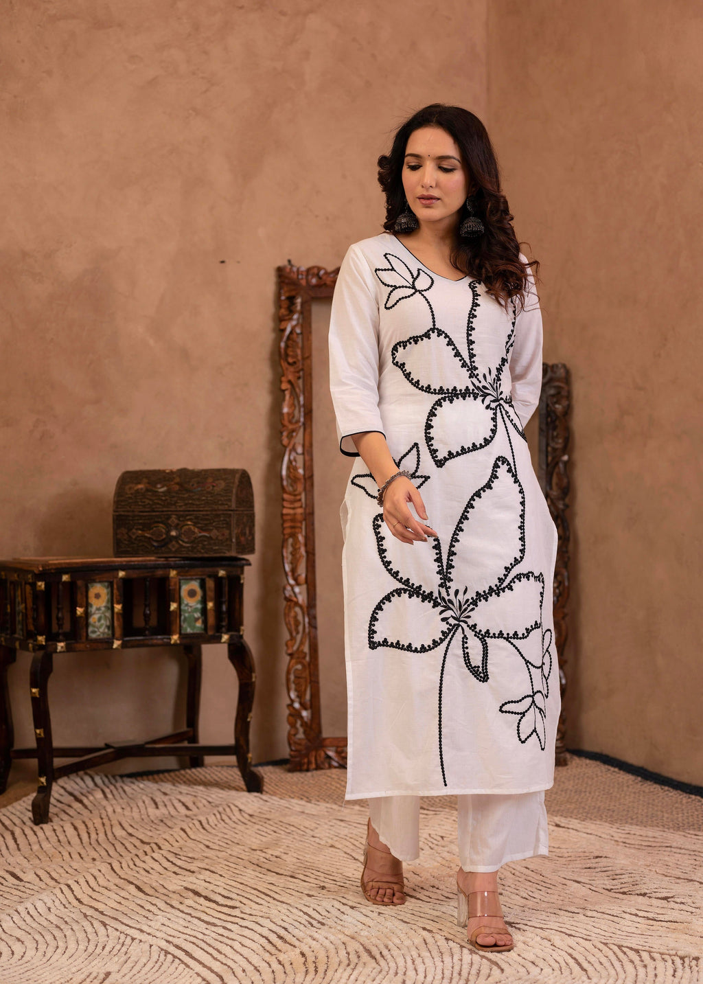 Juniper White Floral Embroidered Cotton Kurta with Palazzo