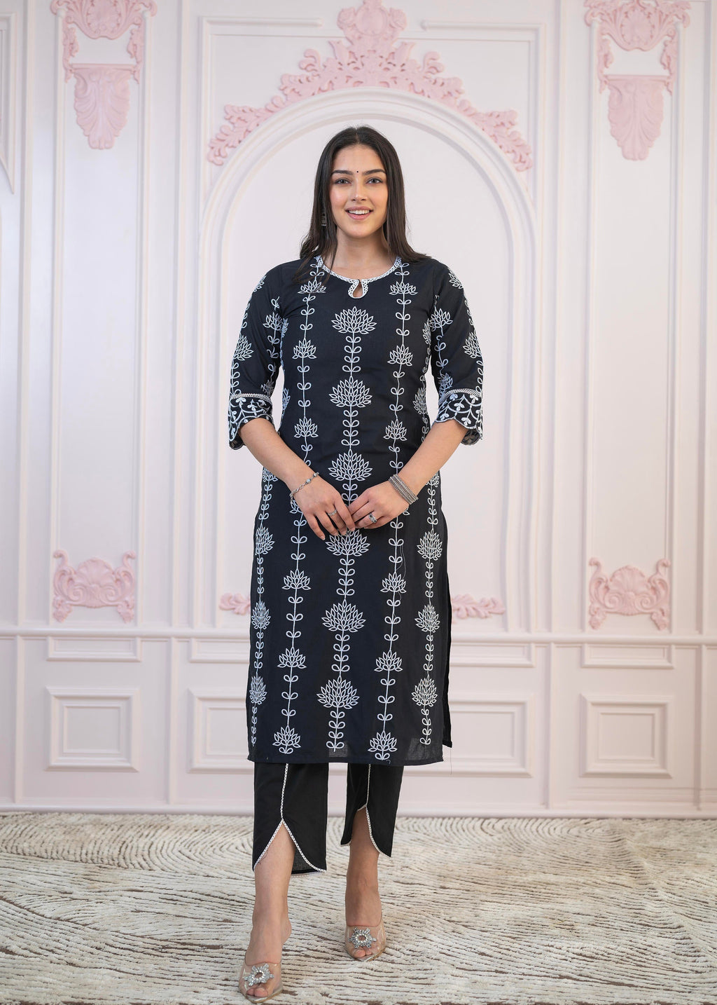 Juniper Black Cotton Slub Embroidered Kurta-Pant Set with Thread Work & Cotton Lace