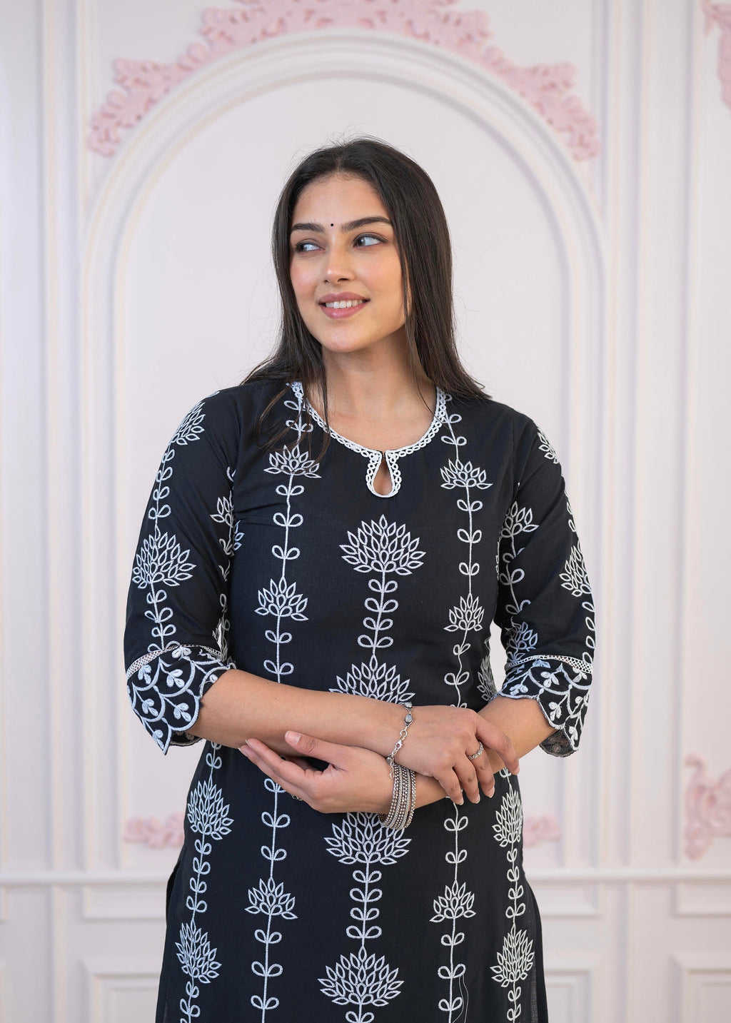 Juniper Black Cotton Slub Embroidered Kurta-Pant Set with Thread Work & Cotton Lace