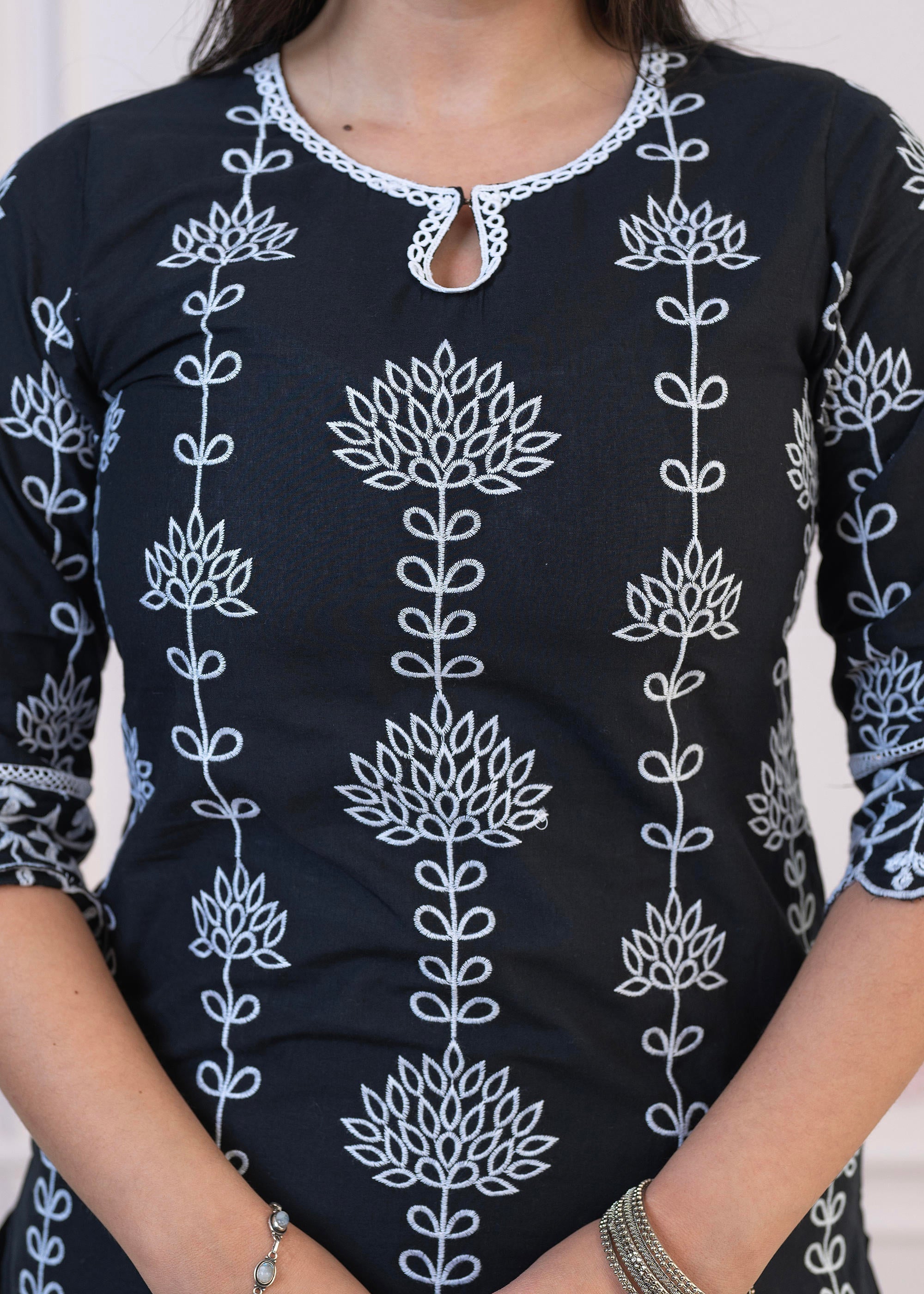 Juniper Black Cotton Slub Embroidered Kurta-Pant Set with Thread Work & Cotton Lace