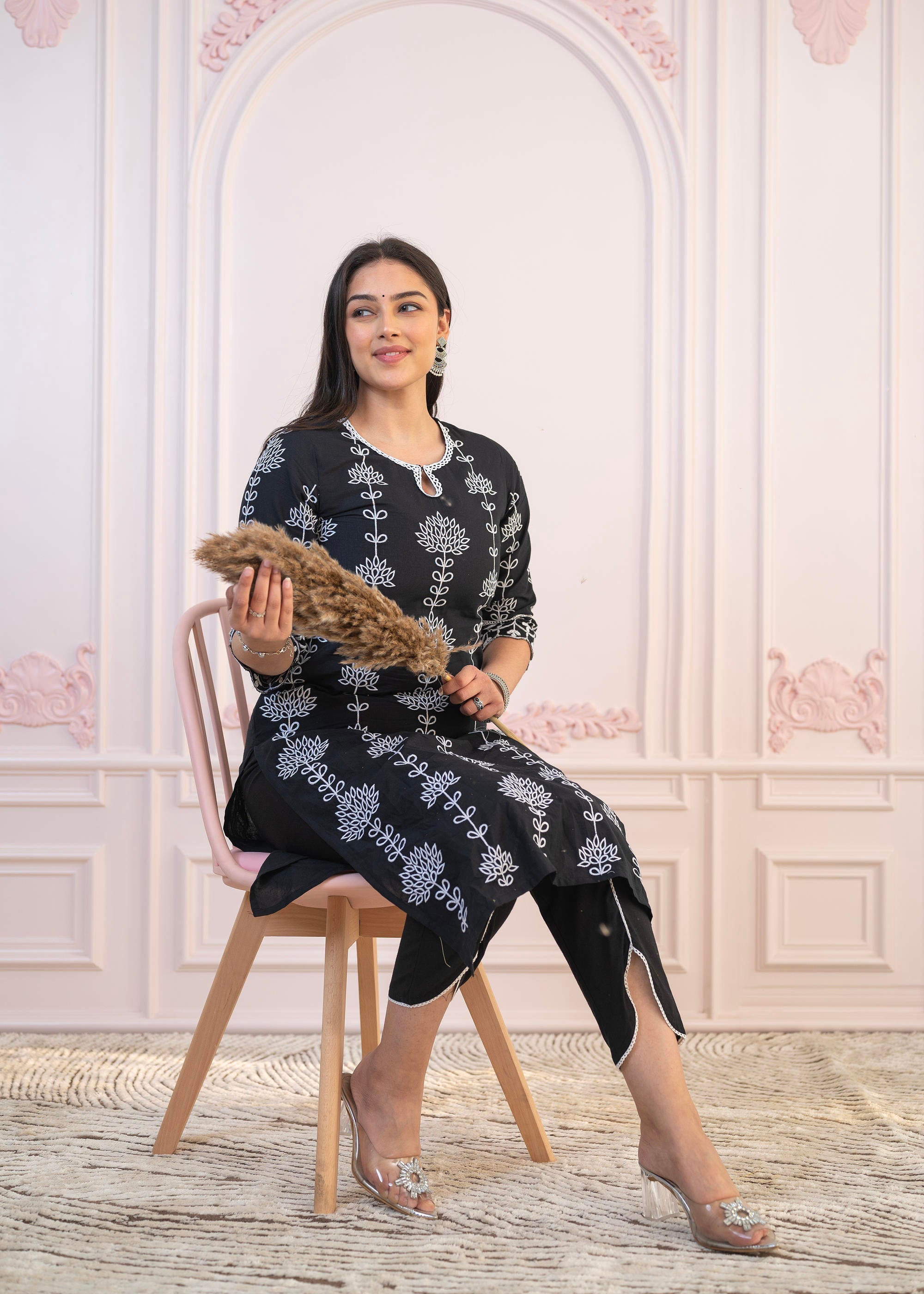 Juniper Black Cotton Slub Embroidered Kurta-Pant Set with Thread Work & Cotton Lace