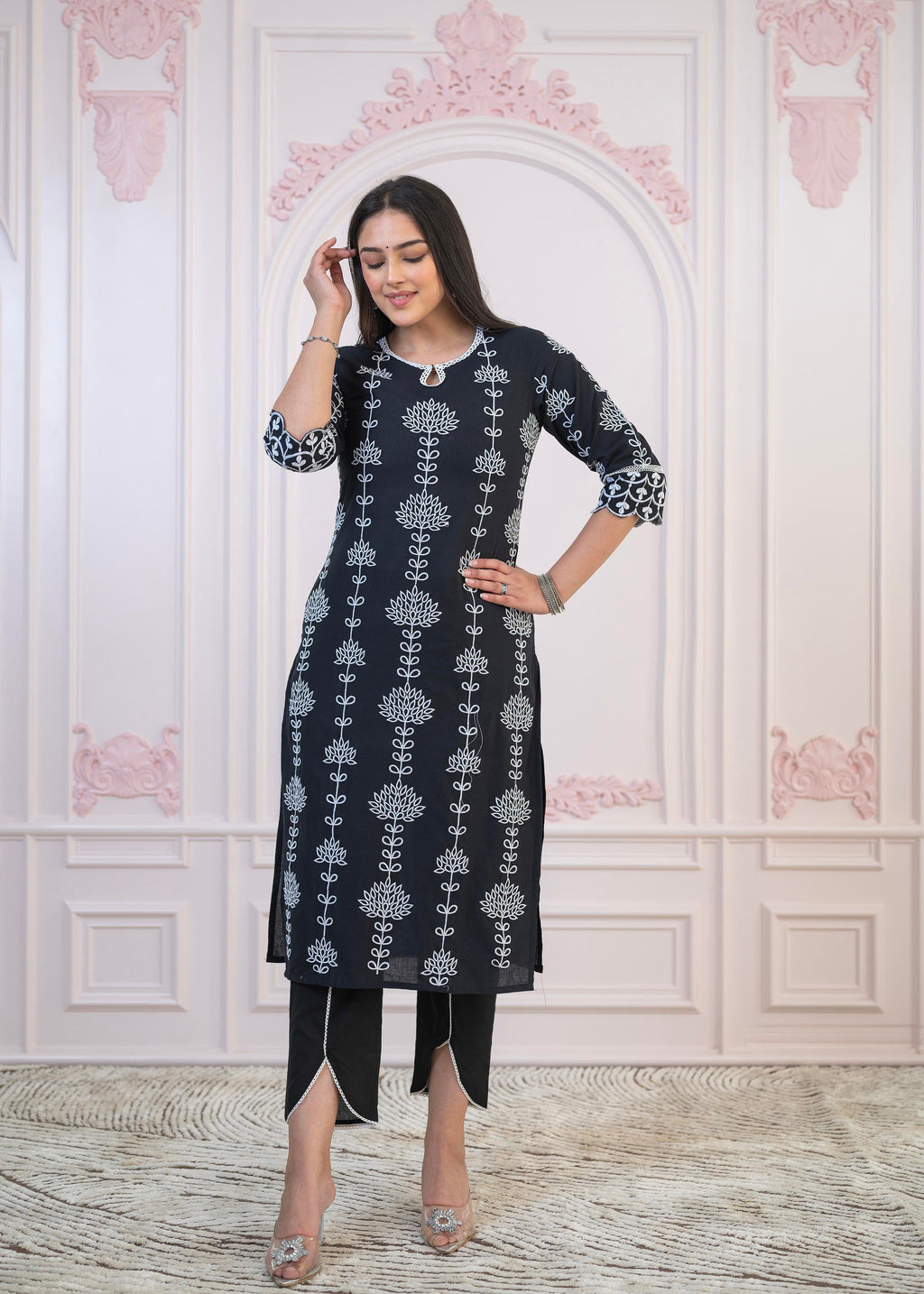 Juniper Black Cotton Slub Embroidered Kurta-Pant Set with Thread Work & Cotton Lace