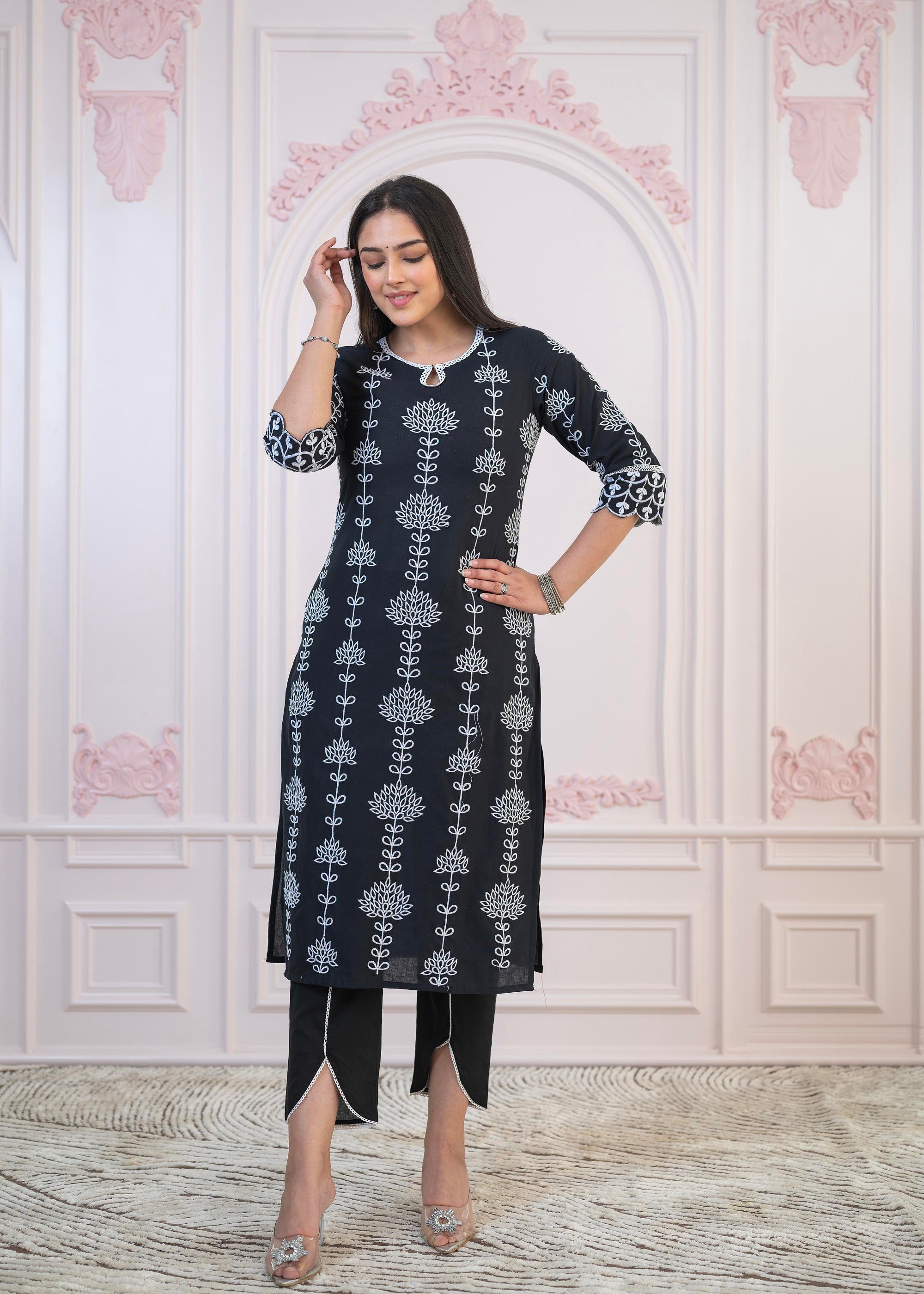 Juniper Black Cotton Slub Embroidered Kurta-Pant Set with Thread Work & Cotton Lace