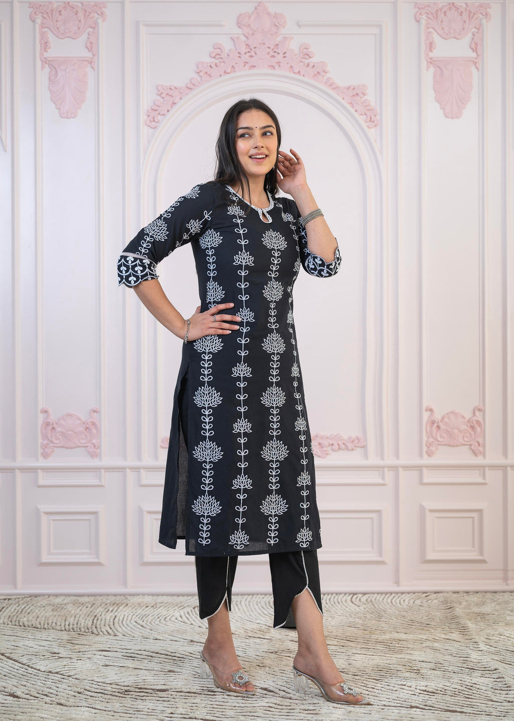 Juniper Black Cotton Slub Embroidered Kurta-Pant Set with Thread Work & Cotton Lace
