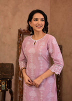 Juniper Lavender Embroidered Cotton Kurta With Palazzo & Cotton Sleeves - Distacart