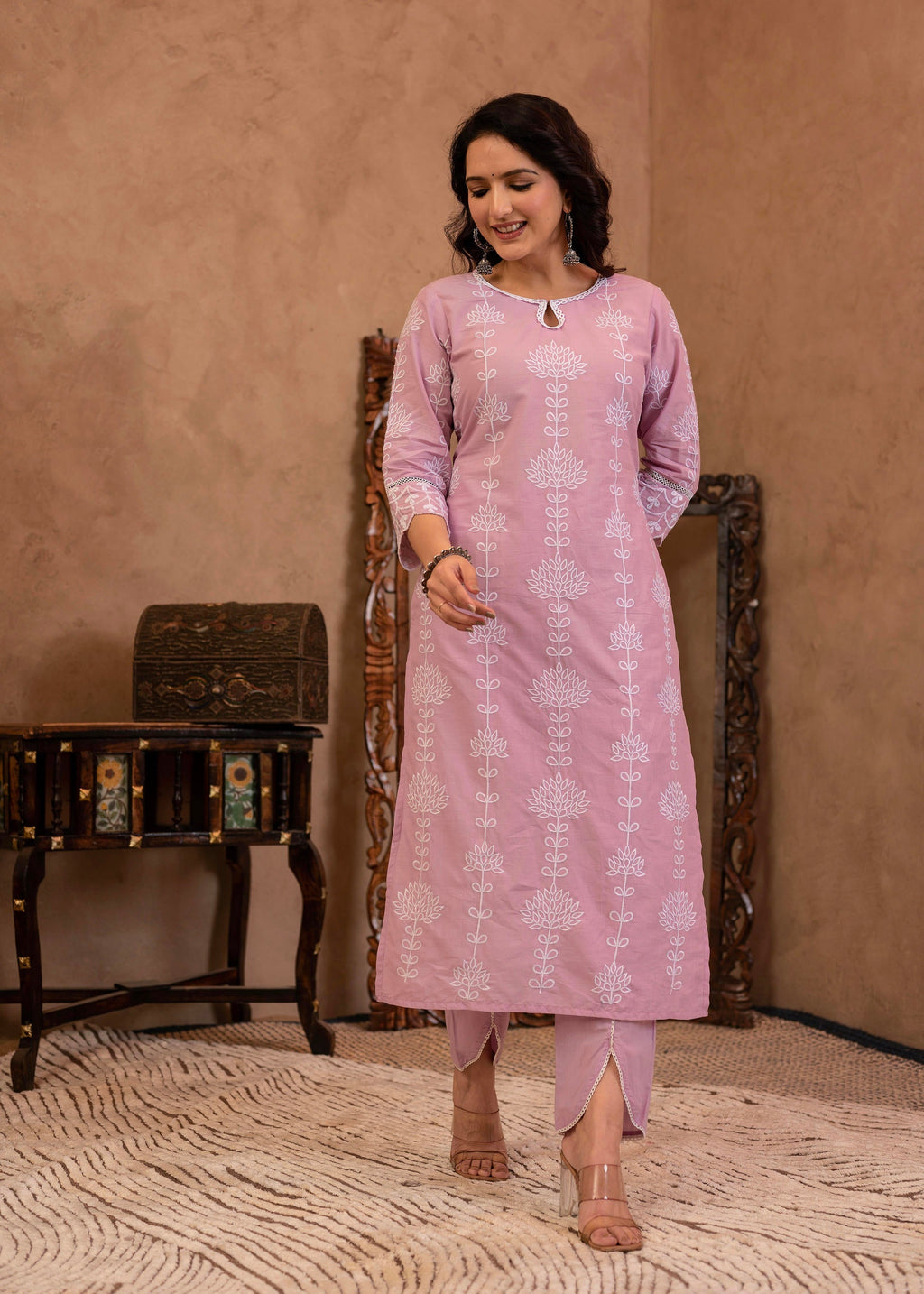 Juniper Lavender Embroidered Cotton Kurta with Palazzo & Cotton Sleeves