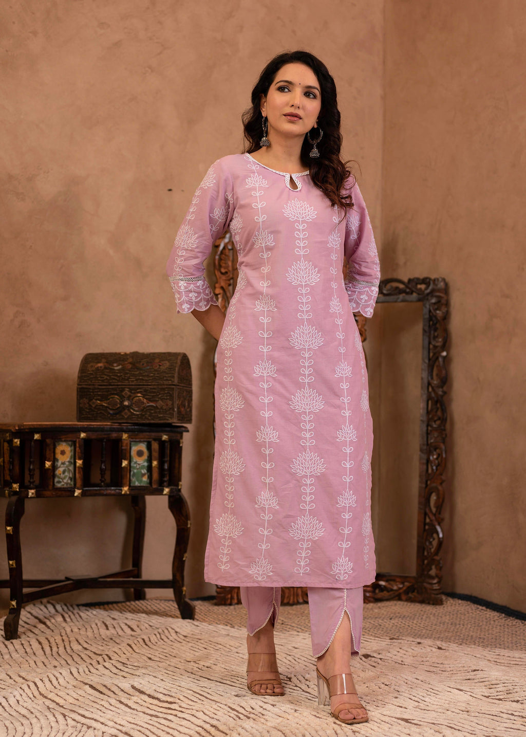 Juniper Lavender Embroidered Cotton Kurta with Palazzo & Cotton Sleeves