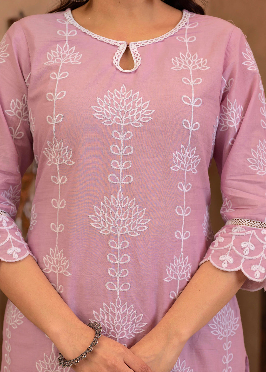 Juniper Lavender Embroidered Cotton Kurta with Palazzo & Cotton Sleeves