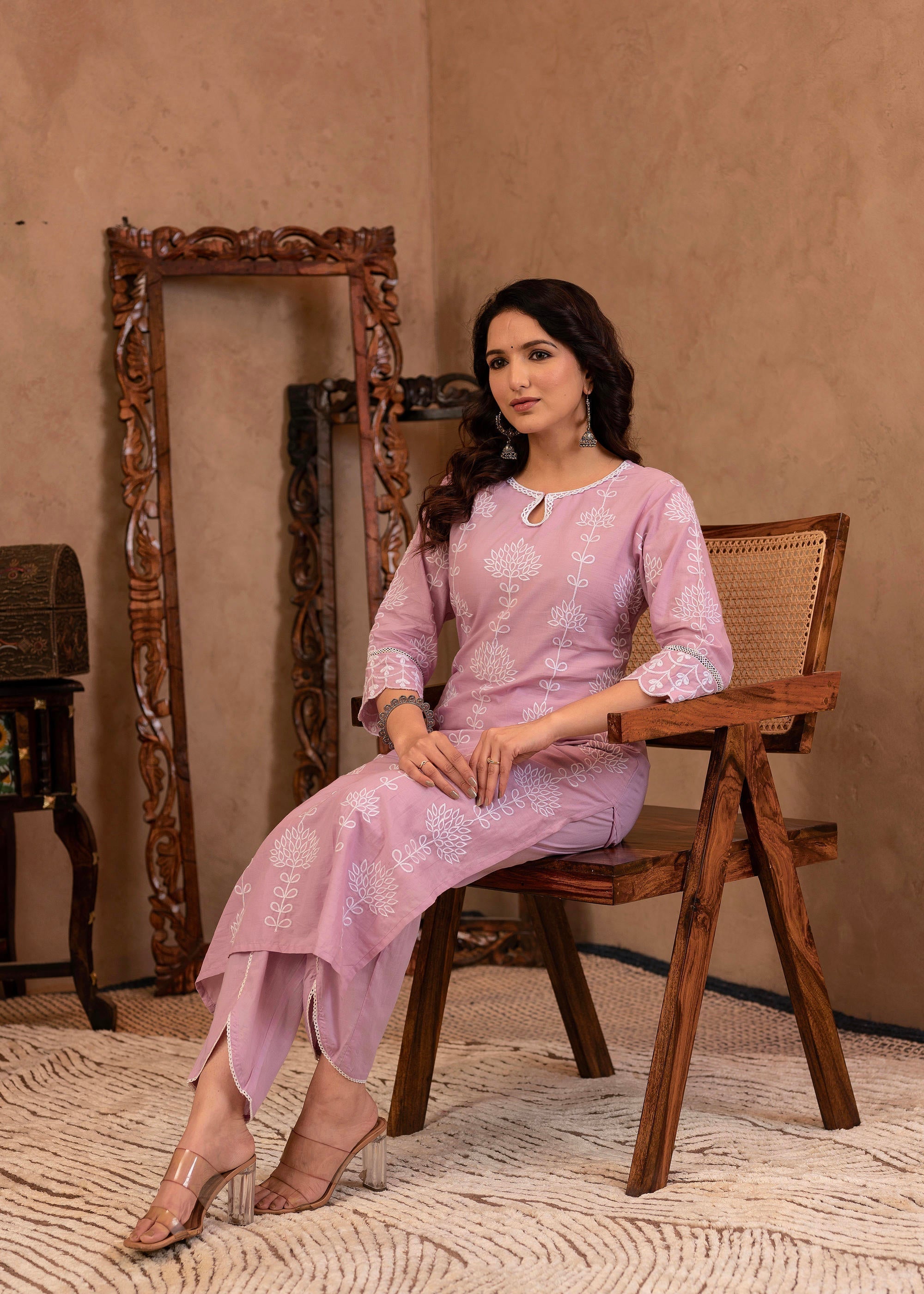 Juniper Lavender Embroidered Cotton Kurta with Palazzo & Cotton Sleeves