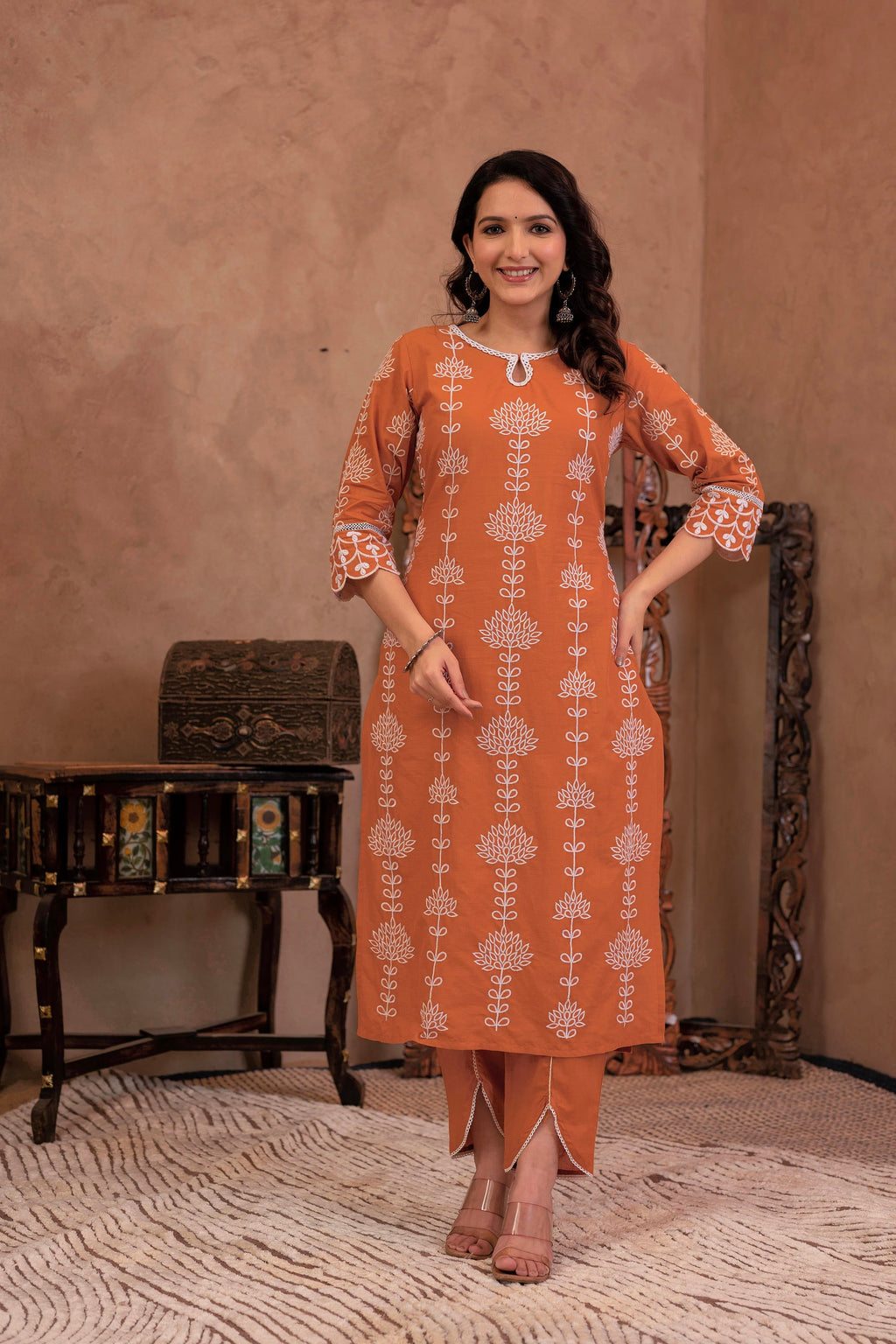 Juniper Rust Embroidered Cotton Kurta with Palazzo & Lace Details