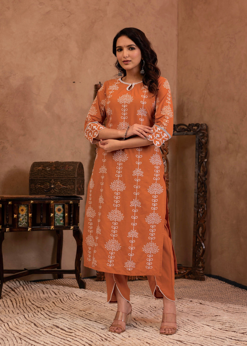 Juniper Rust Embroidered Cotton Kurta with Palazzo & Lace Details
