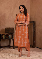 Juniper Rust Embroidered Cotton Kurta with Palazzo & Lace Details