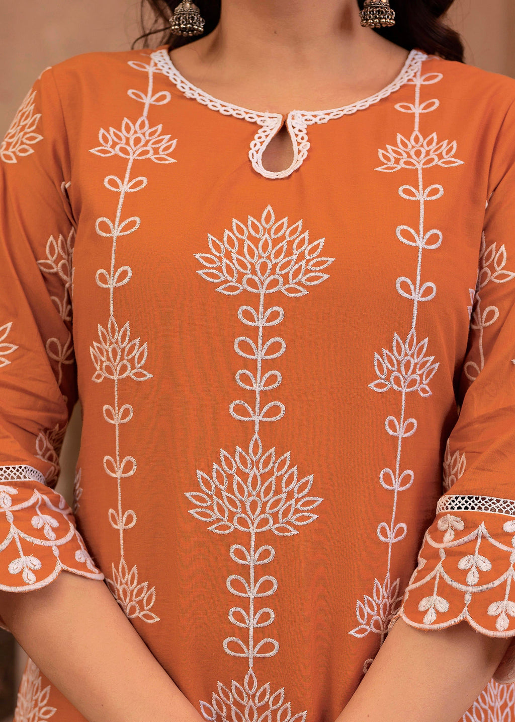 Juniper Rust Embroidered Cotton Kurta with Palazzo & Lace Details