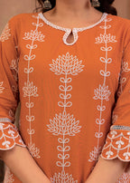 Juniper Rust Embroidered Cotton Kurta with Palazzo & Lace Details
