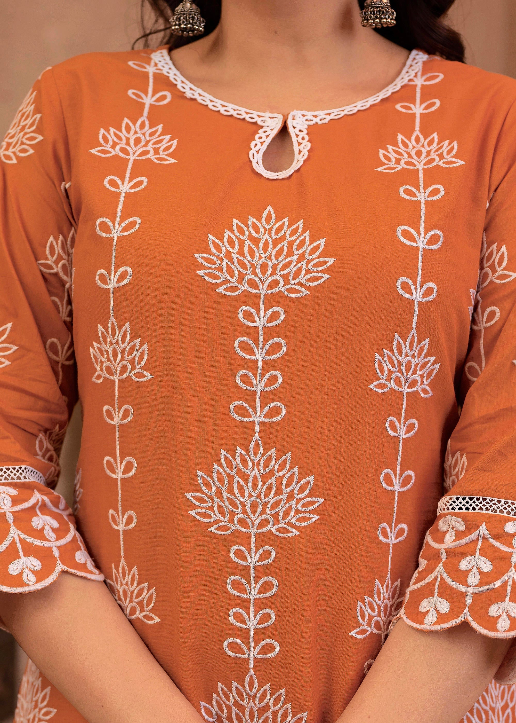 Juniper Rust Embroidered Cotton Kurta with Palazzo & Lace Details