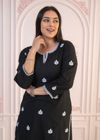 Juniper Black Floral Embroidered Cotton Slub Kurta with Palazzo