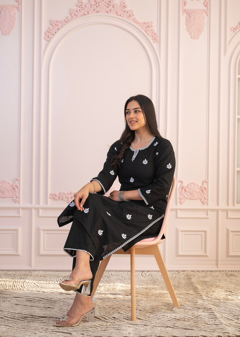 Juniper Black Floral Embroidered Cotton Slub Kurta with Palazzo