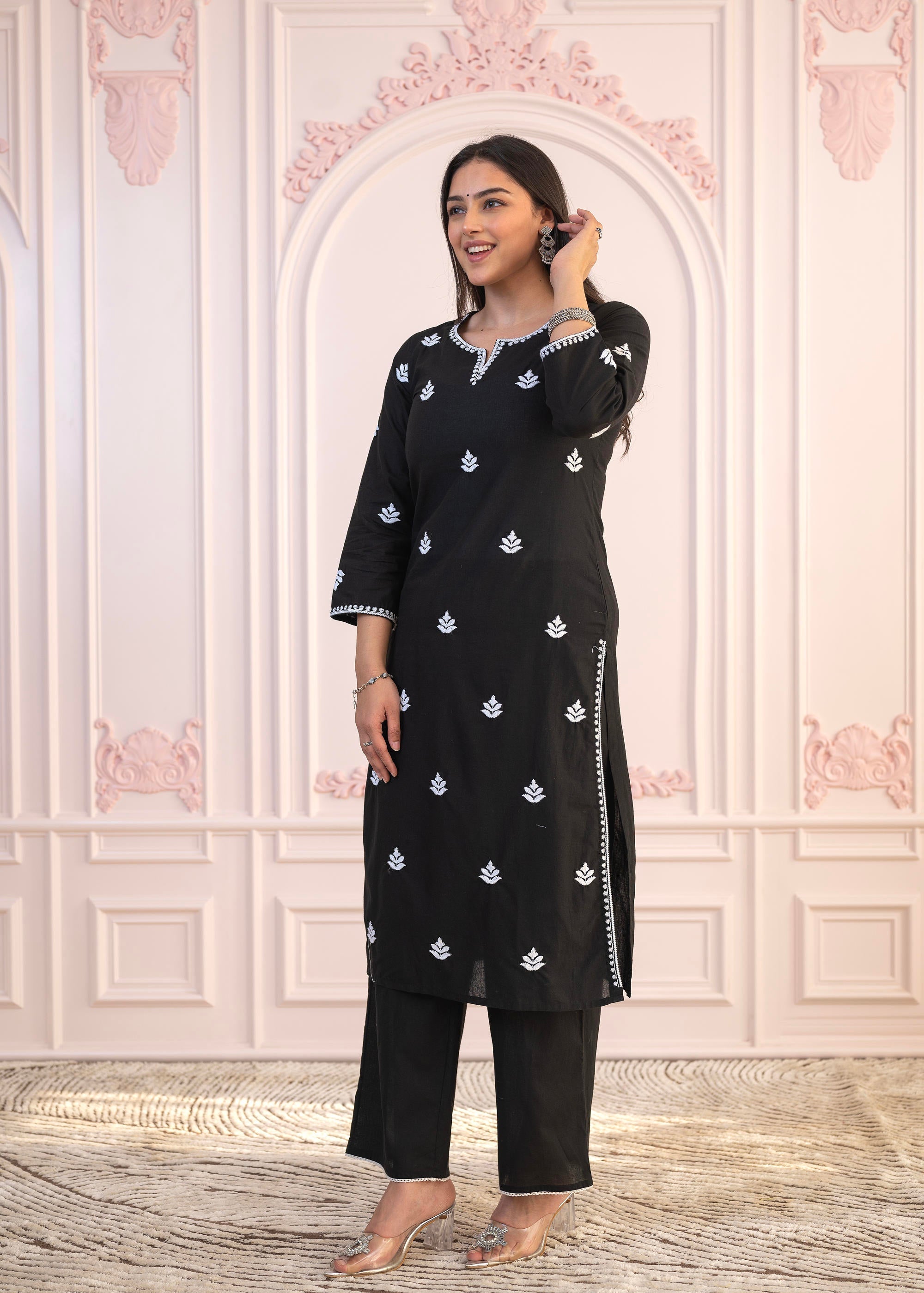 Juniper Black Floral Embroidered Cotton Slub Kurta with Palazzo