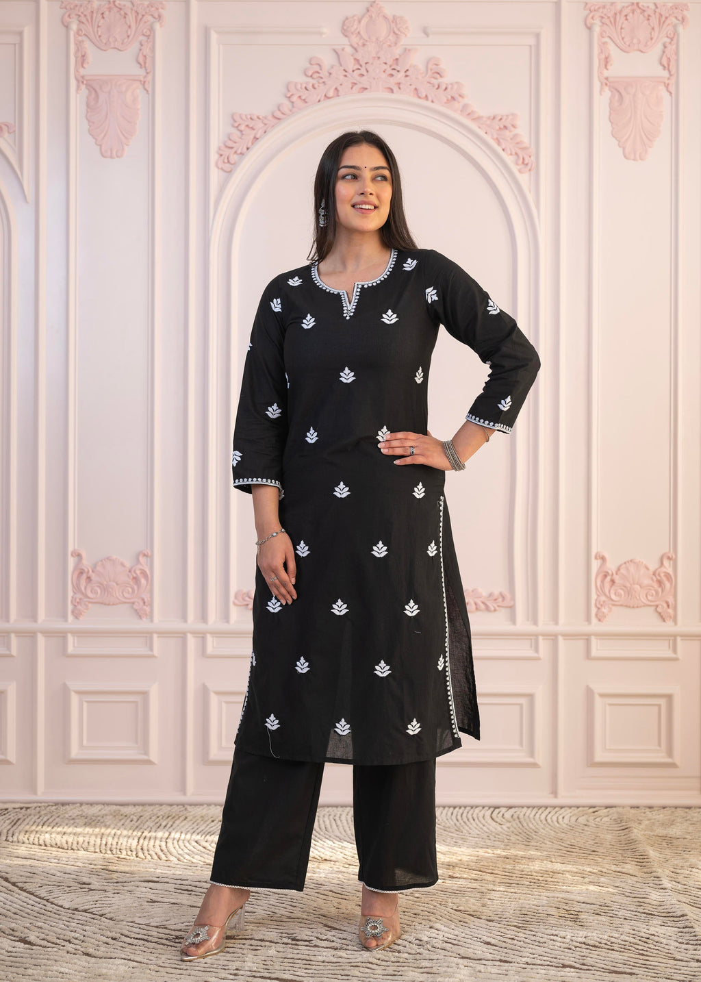 Juniper Black Floral Embroidered Cotton Slub Kurta with Palazzo