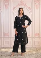 Juniper Black Floral Embroidered Cotton Slub Kurta with Palazzo