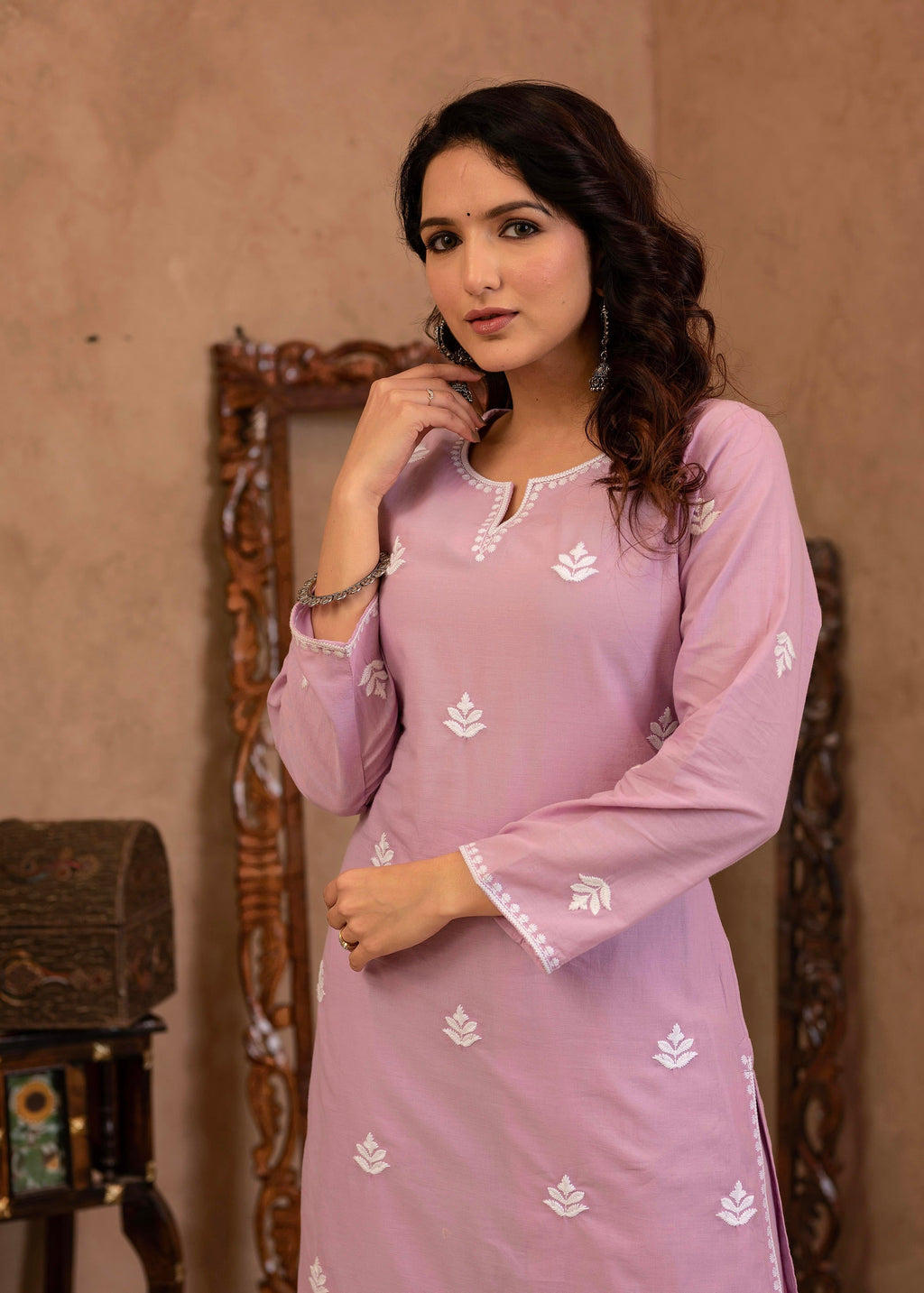 Juniper Lavender Embroidered Cotton Kurta With Palazzo - Distacart