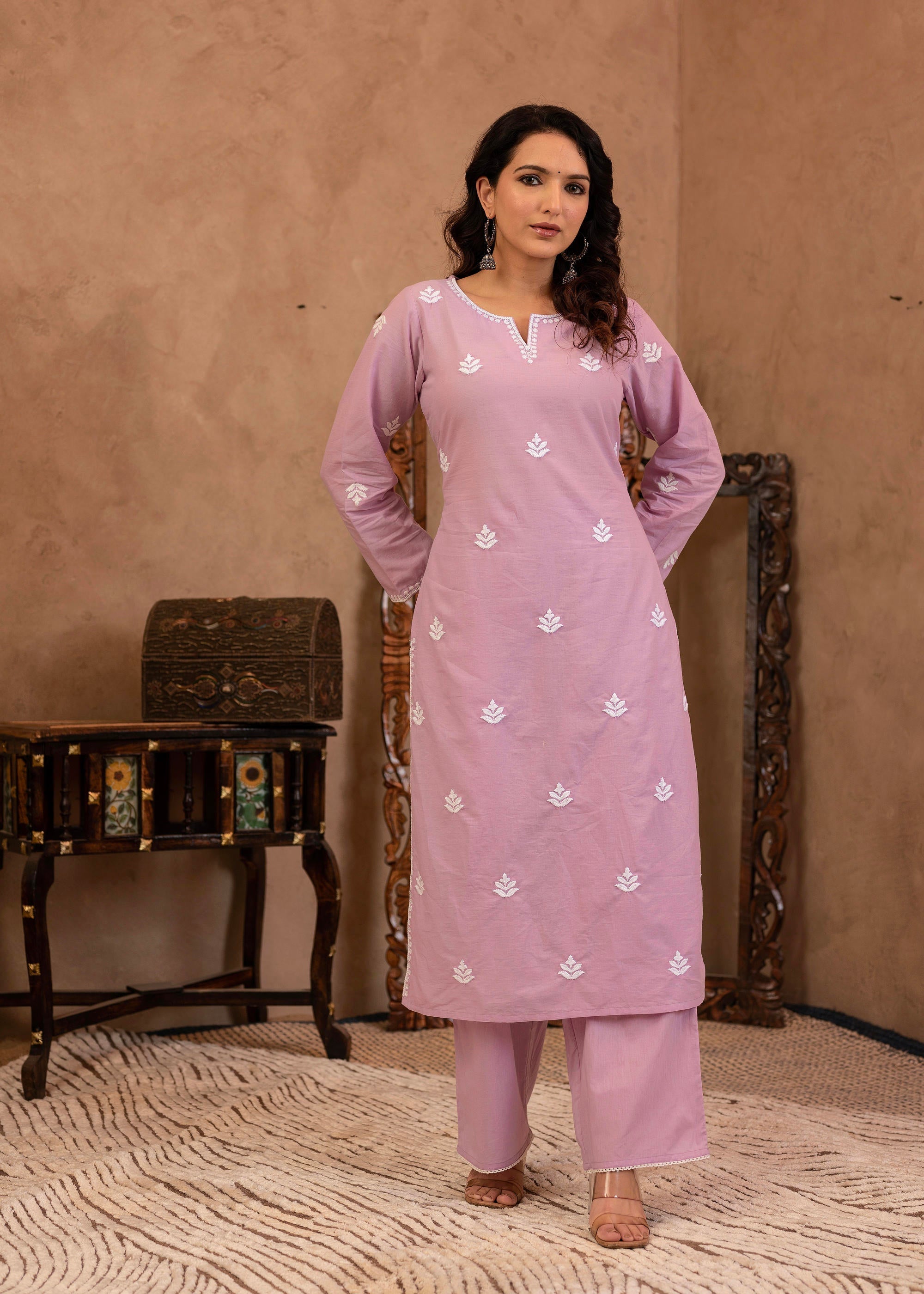 Juniper Lavender Embroidered Cotton Kurta with Palazzo