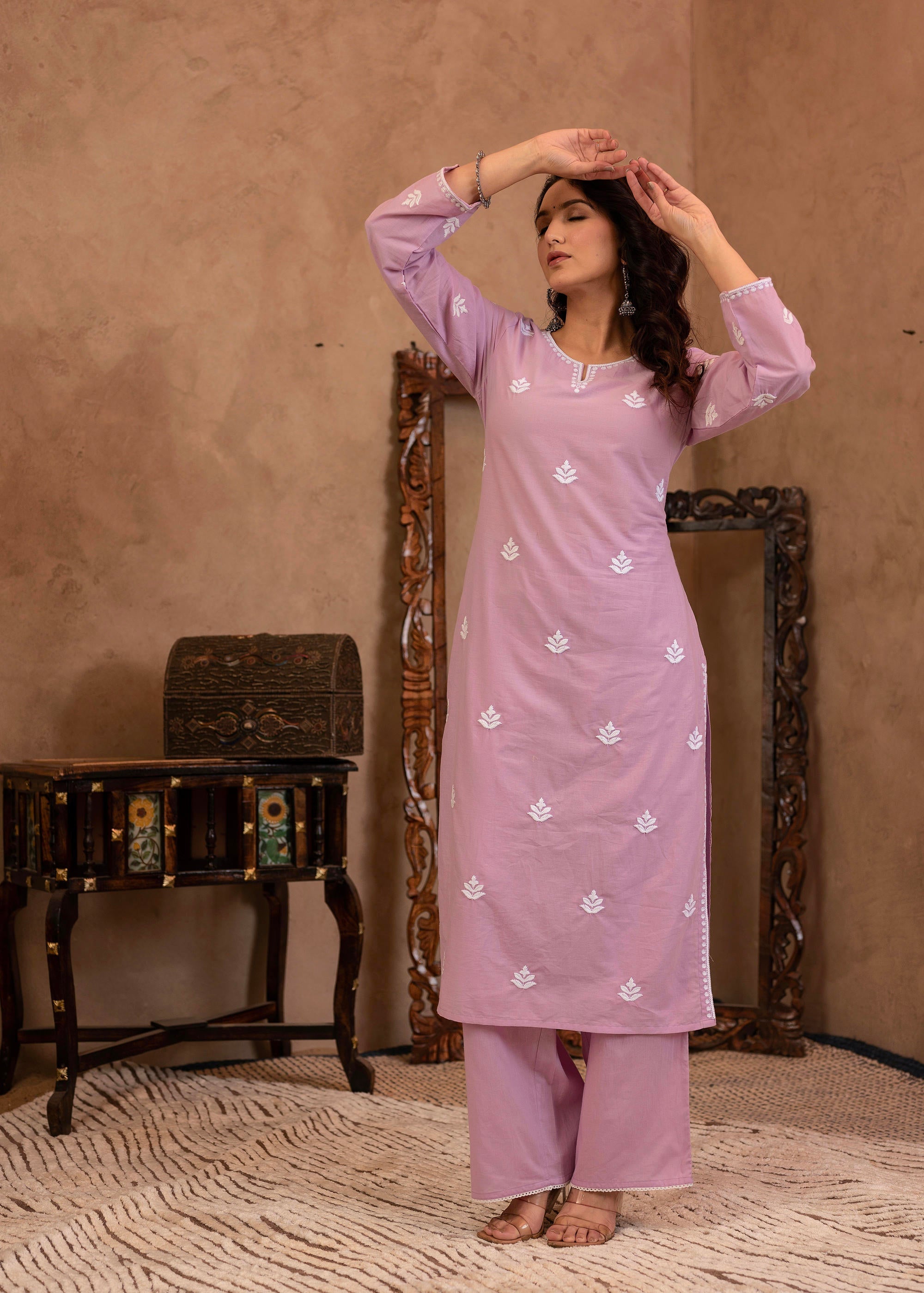 Juniper Lavender Embroidered Cotton Kurta with Palazzo