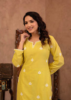 Juniper Lime Yellow Floral Embroidered Cotton Kurta With Palazzo & Lace Work - Distacart