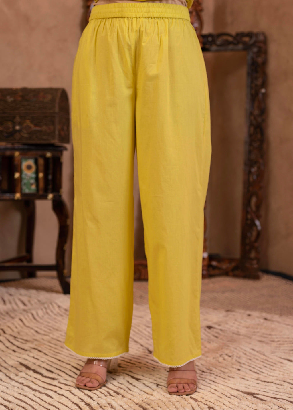 Juniper Lime Yellow Floral Embroidered Cotton Kurta with Palazzo & Lace Work