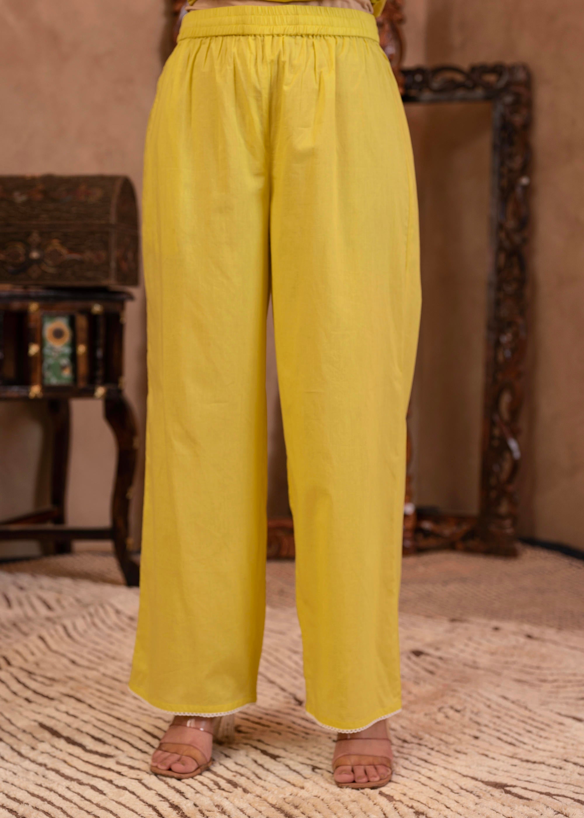 Juniper Lime Yellow Floral Embroidered Cotton Kurta with Palazzo & Lace Work