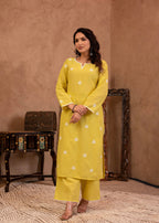 Juniper Lime Yellow Floral Embroidered Cotton Kurta with Palazzo & Lace Work